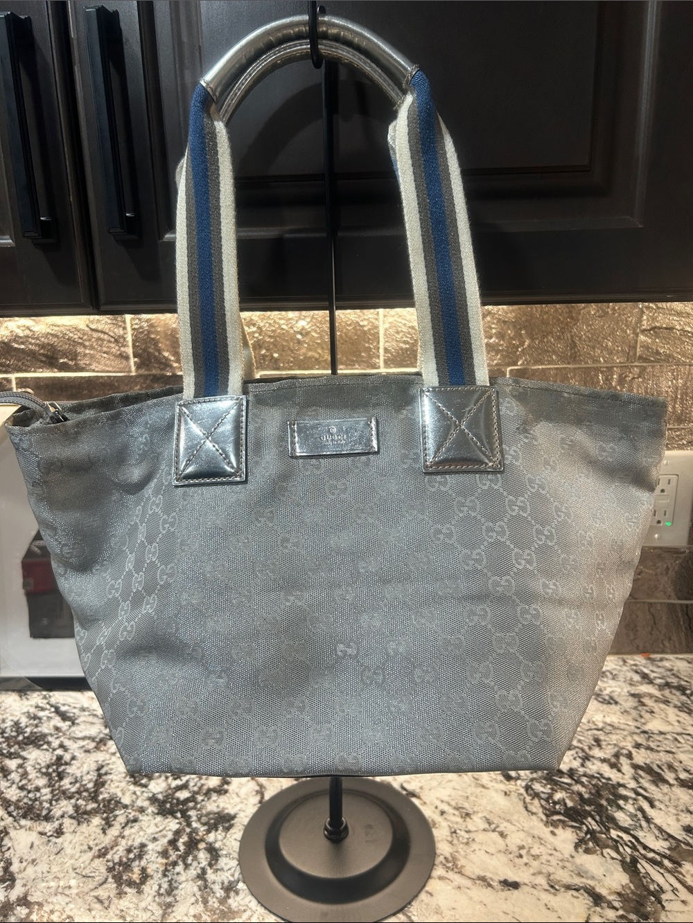 Gucci Silver Metallic Monogram GG Tote with Blue-Striped Handles
